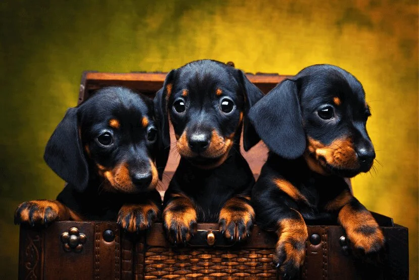 Three dachshund puppies coming out of a wooden box